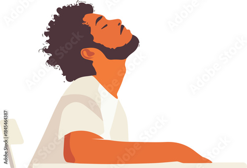 Young Black man with curly hair leaning back in chair looking up expression of relaxation or thinking vector art on white background