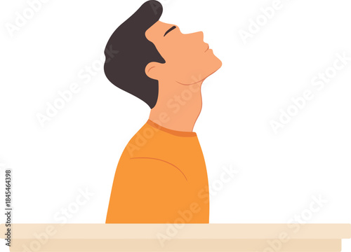 Young man taking a deep breath relaxing head tilted back at desk stress relief meditation concept illustration