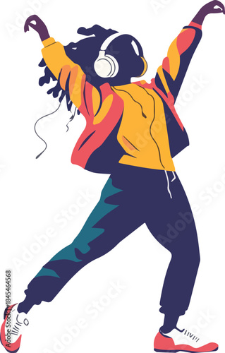 Dancing person with dreadlocks wearing headphones celebrating joyfully modern music lifestyle isolated on white background