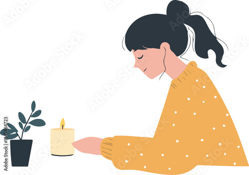 Woman relaxing with lit candle and small houseplant illustration promoting mindfulness meditation quiet time self care