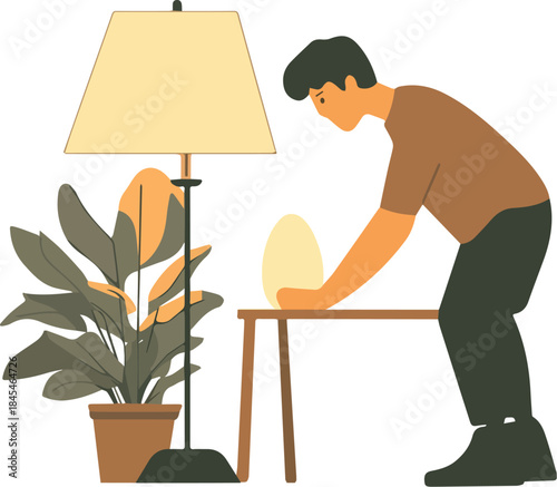 Man carefully placing glowing object on small table near floor lamp and potted plant indoor scene flat illustration