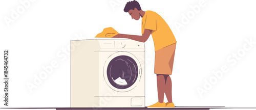 Young Man Cleaning Washing Machine with Cloth House Chores Laundry Appliance Maintenance Isolated Illustration