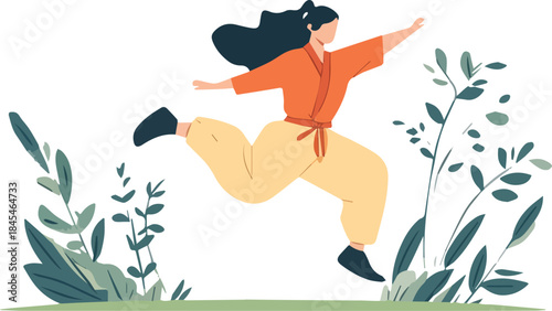Joyful Woman Leaping Over Green Plants Minimalist Illustration for Freedom Wellness and Active Lifestyle Concepts