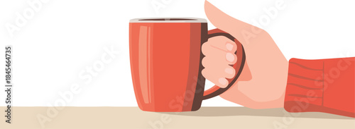Hand holding a red coffee mug with a cozy sweater sleeve resting on a light beige surface minimal illustration for morning break or warm beverage concept