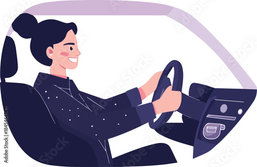 Happy smiling woman driving a car holding steering wheel illustration for transportation concept and driving lessons