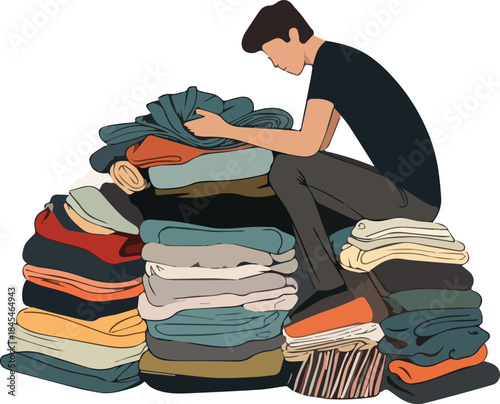 Man sitting on large pile of folded laundry struggling with too many clothes or spring cleaning clutter organization