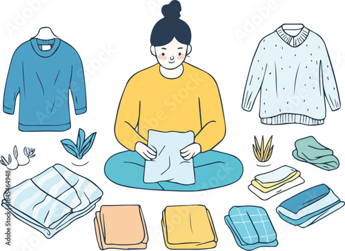 Woman folding laundry with sweaters and neatly stacked textiles illustration for decluttering organization and seasonal clothing storage ideas