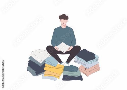 Young man sitting cross legged with stacks of folded laundry doing chores or organizing clothes on white background vector illustration