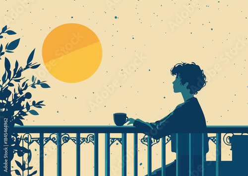 Silhouette of person with curly hair holding coffee cup on balcony watching sunset or rising sun with plants and starry night background illustration