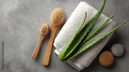 A spa-like setup with aloe vera, towels, and brushes arranged on a stone surface. The image evokes a sense of peace and relaxation