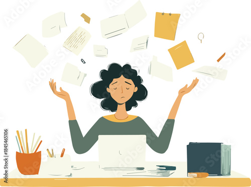 Stressed Office Worker Overwhelmed by Flying Papers Laptop Workload Feeling Burnout Multitasking Chaos