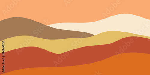 Stylized abstract landscape illustration showcasing a serene desert or mountain vista with rolling hills in a warm, earthy bohemian color palette for modern design