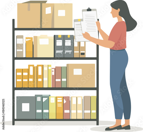 Woman employee checking inventory or documents with clipboard next to storage shelving unit filled with files boxes and binders archive organization
