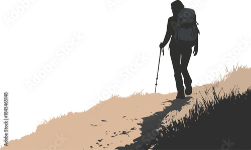 Silhouette of Female Hiker with Backpack and Trekking Pole Walking Uphill on Dirt Trail with Grass Isolated on White Background for Adventure Travel Concept