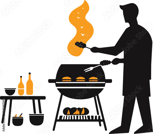 Silhouette of Man Grilling Burgers on Charcoal BBQ with Drinks and Side Dishes Outdoors Summer Cookout Illustration