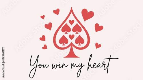 Nine of spades playing card symbol with hearts on light pink background romantic gesture