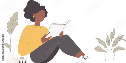 Black woman reading a book sitting comfortably indoors with potted plants learning hobby illustration for relaxation and education