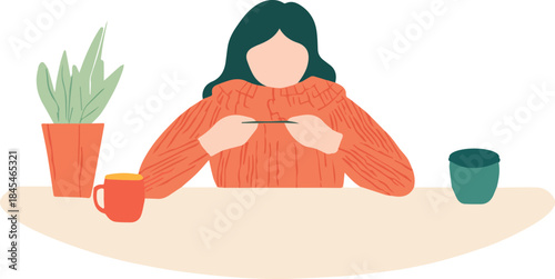 Woman in cozy orange sweater at desk with houseplant and coffee mug cozy home office or remote work illustration