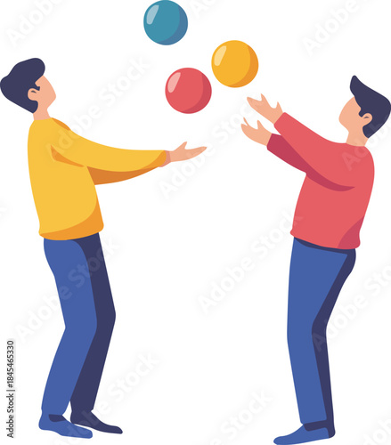 Two men juggling colorful balls concept illustration for teamwork balance and multitasking skills flat design isolated on white background