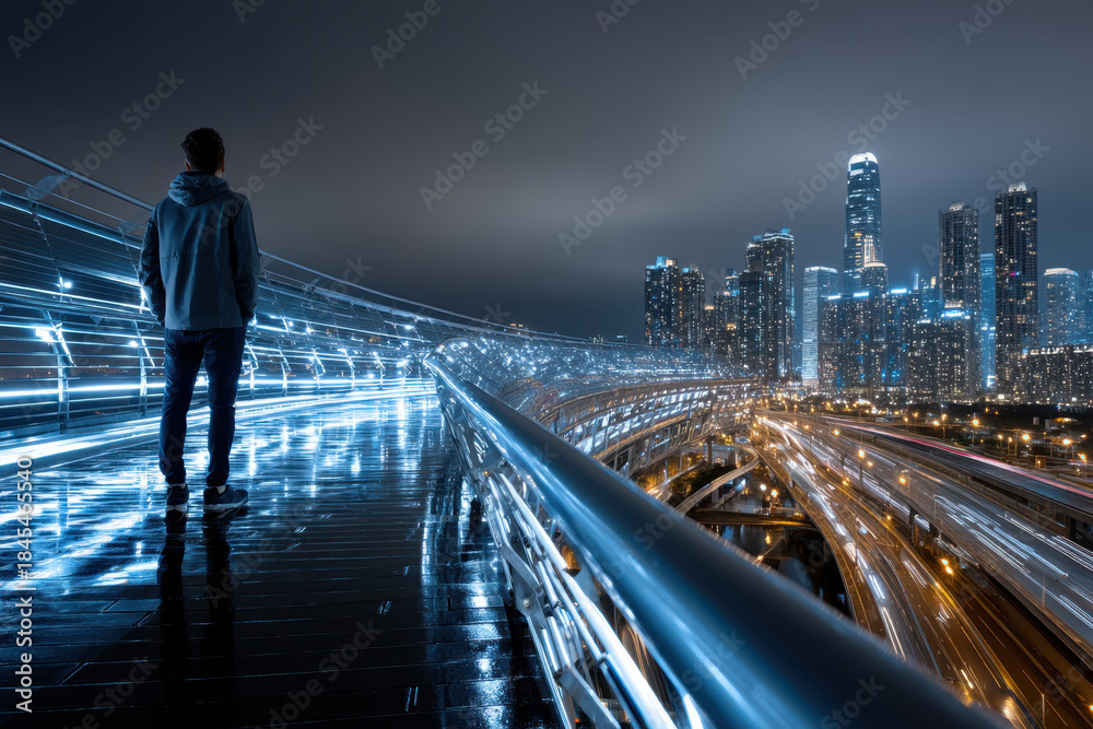 Fototapeta premium Man on bridge overlooking city at night