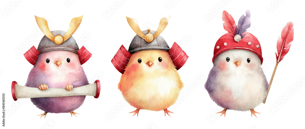 Fototapeta premium Tiny Samurai Chickens in Colorful Armor with Decorative Helmets and Scrolls