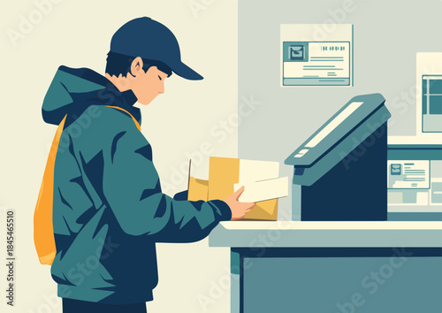 Delivery service worker in cap handing over small package and envelope at post office counter shipping logistics