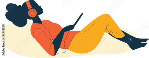 Relaxing woman silhouette listening to music with headphones and using a tablet or phone illustration for downtime and digital entertainment concepts