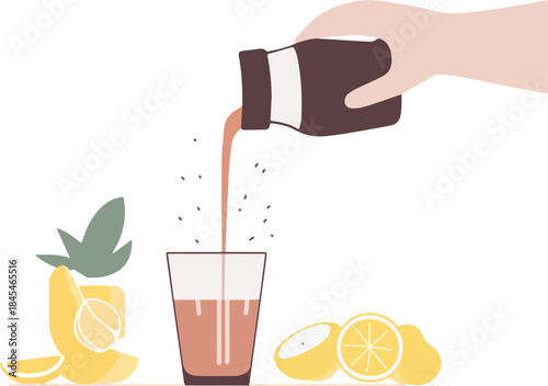 Hand pouring refreshing pink beverage from bottle into glass with fresh sliced lemons and mint leaves illustration for healthy drink concept