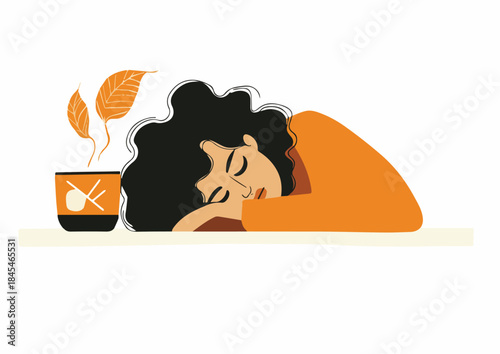 Woman asleep at desk with coffee cup and autumn leaves illustration fatigue burnout stress relief concept