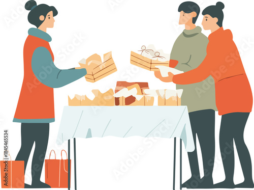 Volunteers distributing baked goods and food donations at a charity market stall with customers holding shopping bags
