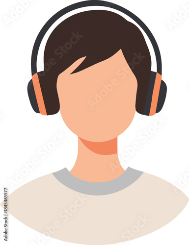 Flat icon avatar person wearing over ear headphones for music streaming podcast or customer support on white background