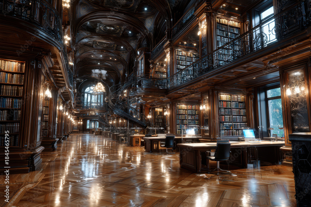 Naklejka premium Grand Ornate Library Interior with Spiral Staircase
