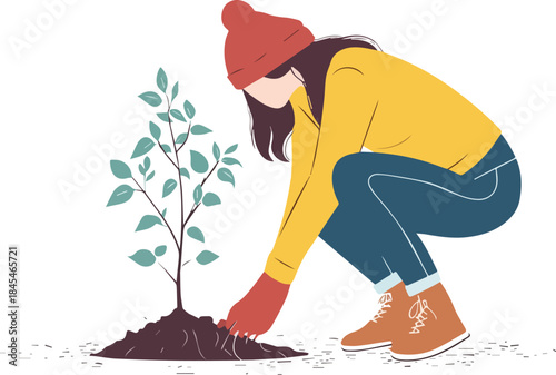Woman planting small tree seedling outdoors seasonal gardening hobby earth care volunteer effort flat illustration