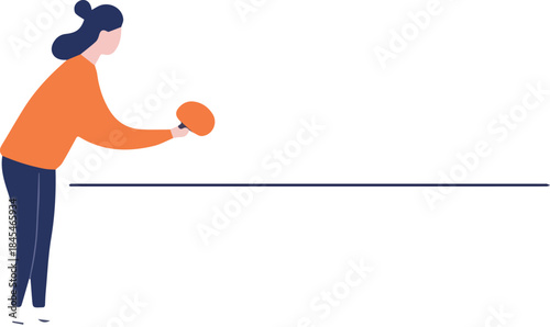 Flat minimalist illustration of woman playing table tennis paddle sport with copy space for message or announcement