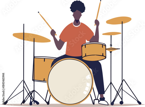 African American male drummer playing a drum kit illustration musician performing rhythmic music with drumsticks isolated on white background