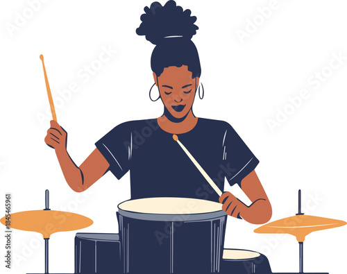 Black female drummer playing drums illustration for music band concert jazz rock concept isolated on white background