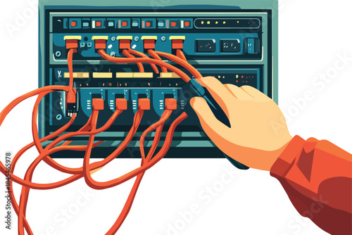 Hand connecting orange ethernet cable to network switch or server rack in data center illustration for IT support connectivity