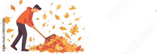 Young man raking pile of colorful falling autumn leaves with garden shovel seasonal yard work flat illustration isolated on white background