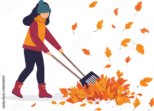 Woman in hat and scarf raking pile of colorful autumn leaves falling outdoors seasonal yard work illustration isolated on white background