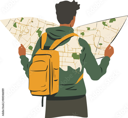 Backpacker looking at city street map planning travel route wearing backpack adventure navigation isolated on white background