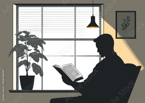 Silhouette of Man Reading Book by Window with Houseplant and Hanging Lamp Cozy Indoor Relaxation and Study Scene