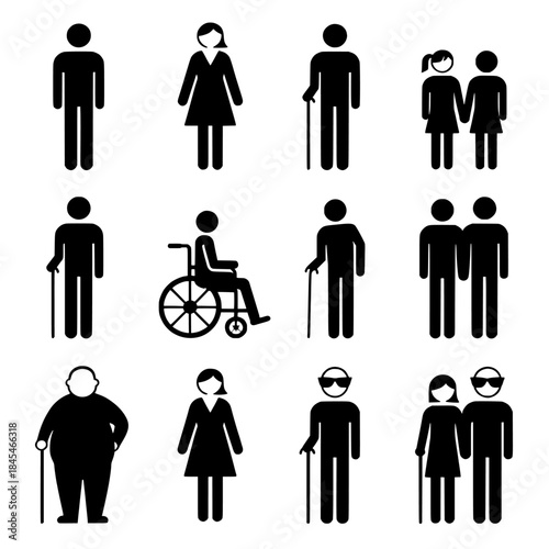 Grid of Diverse Silhouetted Figures: Adults, Elderly, and Wheelchair User in a Flat Vector Illustration