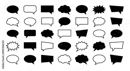 Array of black and white speech bubble silhouettes in vector style