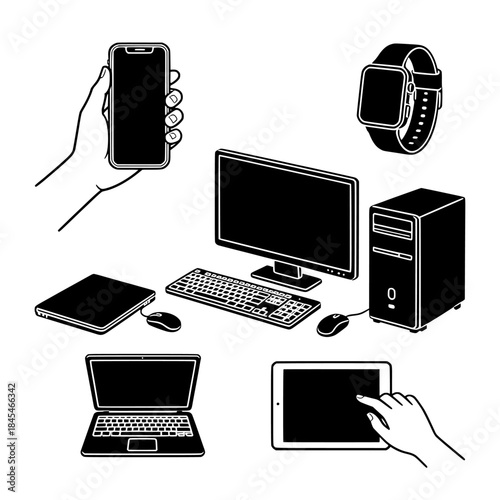 Silhouette Vector Scene of Hands Interacting with Mobile, Tablet, and Desktop Devices
