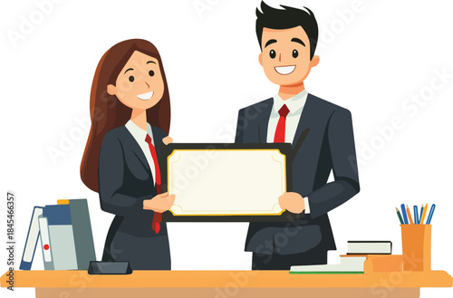 Happy Business People in Suits Presenting Blank Certificate or Award Diploma on Office Desk with Supplies