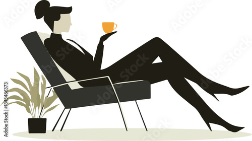 Businesswoman relaxing with coffee break silhouette on modern lounge chair minimal design with potted plant conceptual relaxation vector art