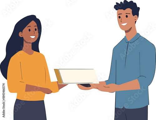 Business team collaboration handing over document or certificate illustration exchange of papers concept for job offer or award