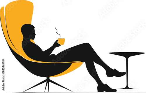 Silhouette of Person Relaxing in Modern Yellow Armchair Sipping Coffee or Tea Next to Small Table Break Time Relaxation Concept