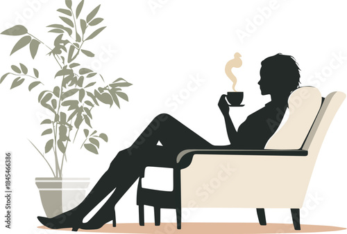 Silhouette of a Woman Relaxing in an Armchair with Coffee Next to a Potted Houseplant for Calm Home Decor Concepts