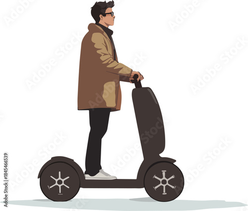 Young man in trench coat riding self balancing scooter personal transporter side view isolated on white background